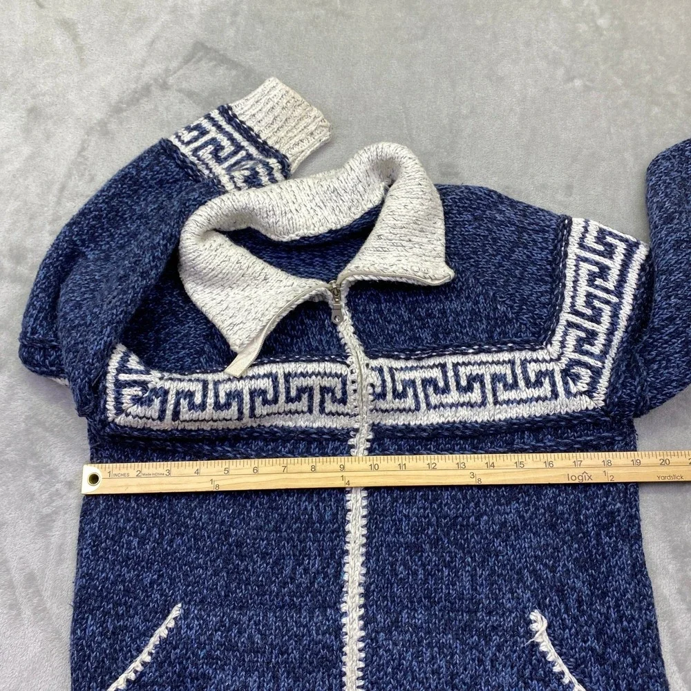 Vintage‎ Portugal Wool Blend Full Zip Greek Key Cardigan Sweater Blue White